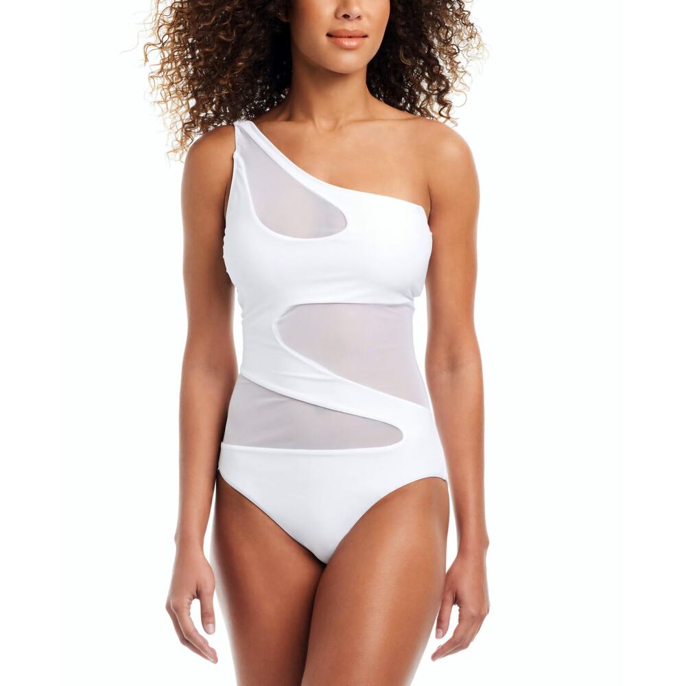 Bar III Womens One-Shoulder Mesh‎ Cutout White L